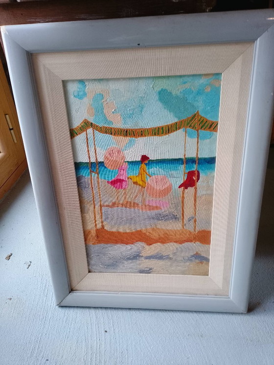 Image 1 of Óleo sobre lienzo enmarcado niñas en la playa 