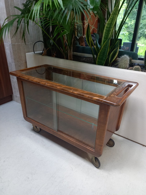Image 1 of Chariot de service Art déco, chariot à thé, armoire à boissons, verre vintage, bois