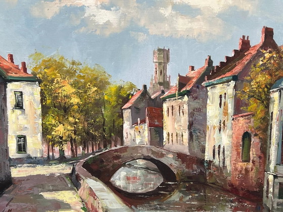 Landscape signed "View of Bruges." Oil on canvas. Signed Mees. – Paintings & Drawings, Vintage (photo 3 of 6)