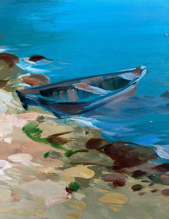 Image 1 of Pintura al óleo original: Paisaje costero marino a través de la inmensidad del mar.