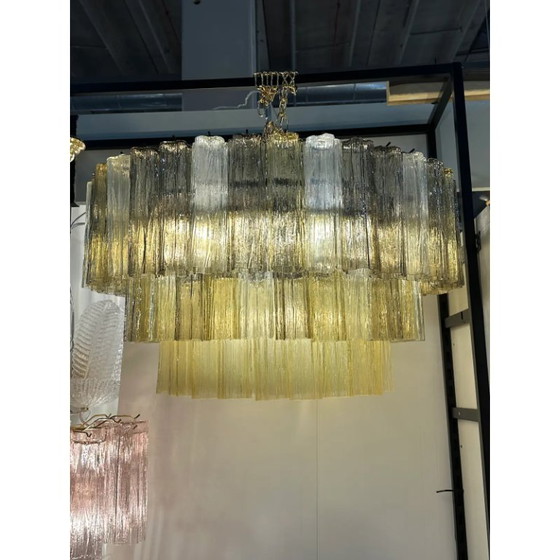 Image 1 of Italian Mid-Century Modern “Tronchi” Murano Glass Chandelier in Amber and Fumè by Simoeng