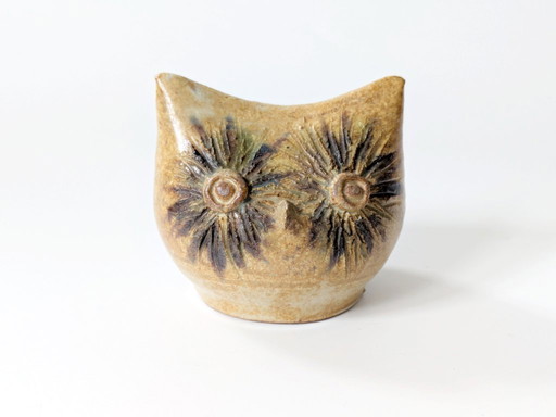 1970s Stoneware Owl Figurine | Sgraffito Decor | Artist Signed