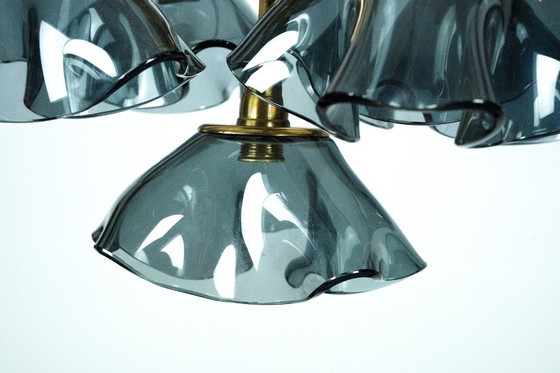 Image 1 of Italian five-arm chandelier in smoked Vistosi glass and brass, 1970s