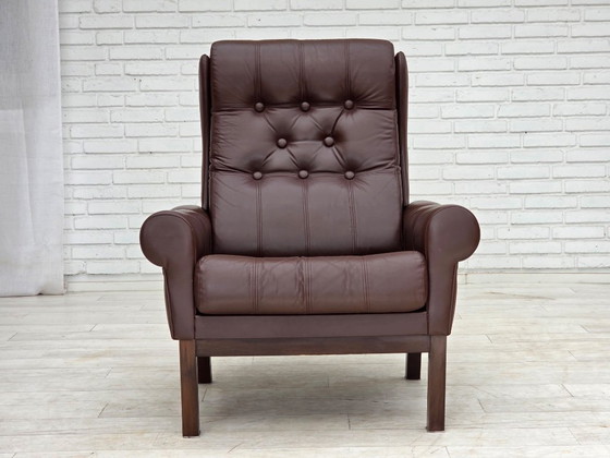 Image 1 of Sillón danés de los años 70, tapizado en cuero marrón original.