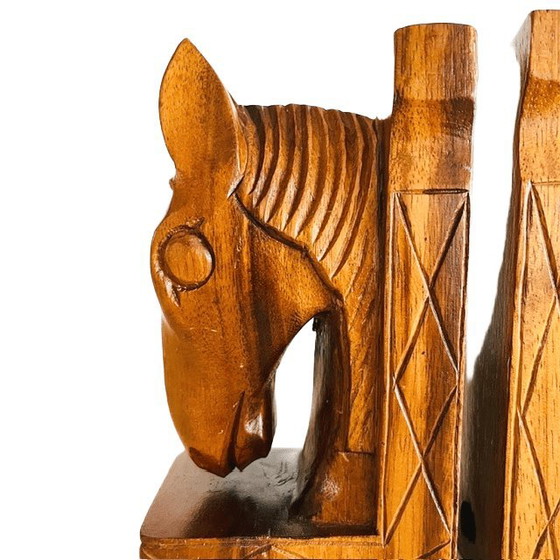 Image 1 of Vintage mid-century bookends hand-carved wooden horses teak 1960s