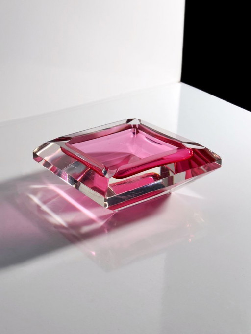 Vintage Murano crystal glass ashtray, prism, cranberry red, Italy