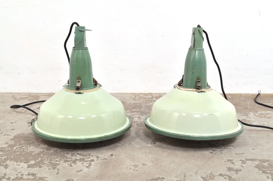 Image 1 of Vintage Enamel Factory Lamp With Spherical Glass