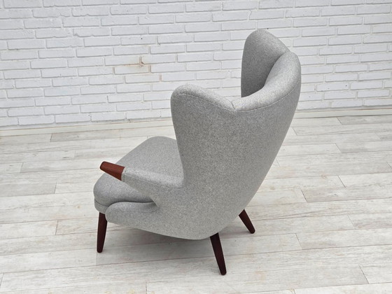 Image 1 of 1960er Jahre, dänischer „Teddy-Stuhl“ mit Hocker, neu gepolstert, Wolle, Teakholz.