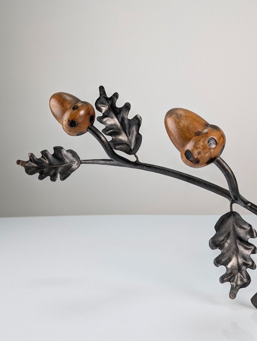 Signed Hand-Forged Iron & Wood Acorn Coat Rack, 1960s