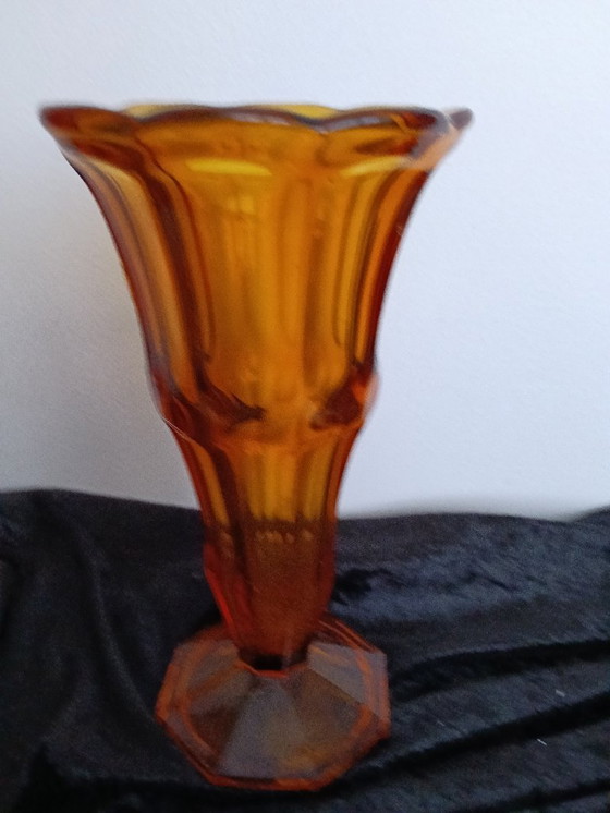 Image 1 of Amber color pressed glass art deco model vase