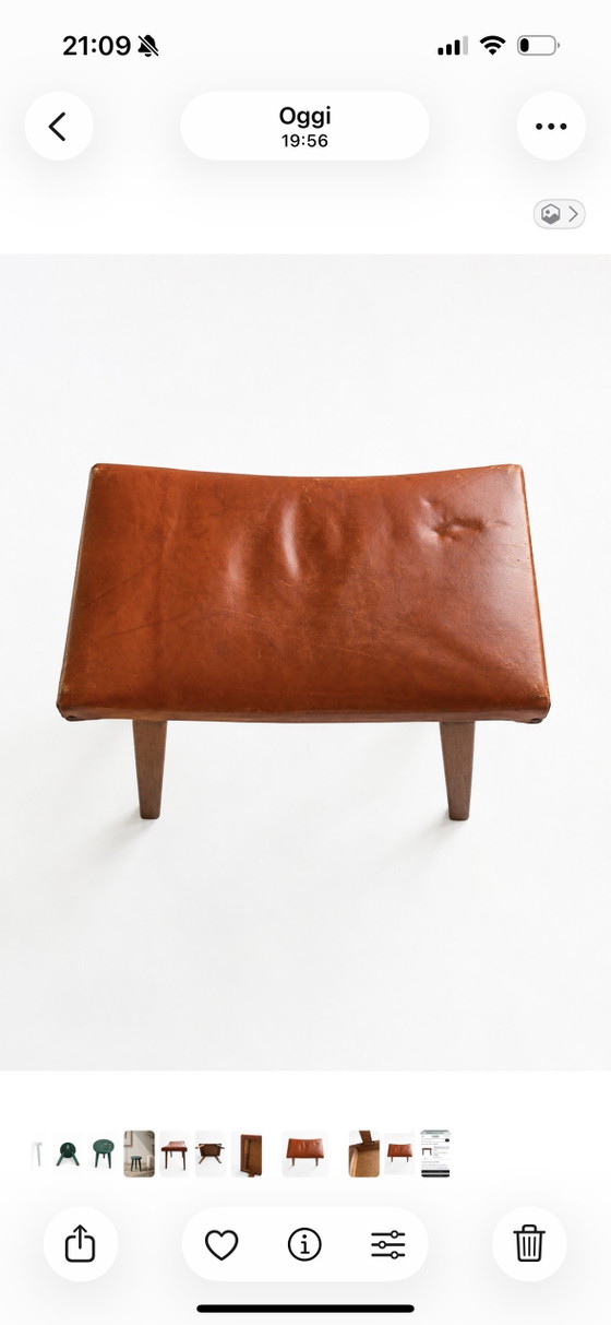 Image 1 of 1960s Mid-Century Brutalist Cognac Leather Saddle Ottoman Tapered Wood Stool