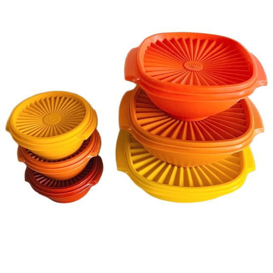 Image 1 of Vintage Tupperware vierkante kommen Servalier met Starburst deksel oogstkleuren 1970's