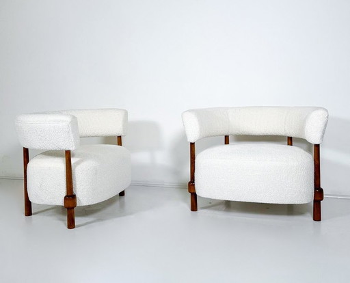 Pair Of Contemporary Armchairs, Wood And White Boucle Fabric, Italy