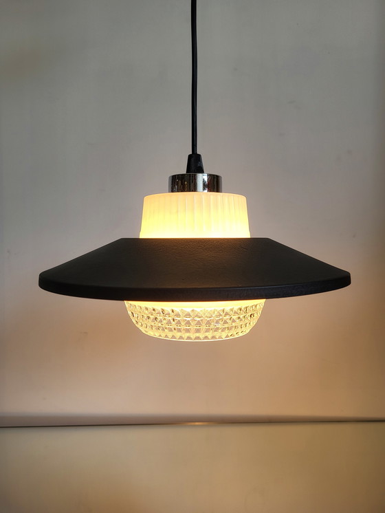 Image 1 of Vintage Ufo Pendant Lamp Matte Black, Glass Shade, Chrome Finish, 1950s