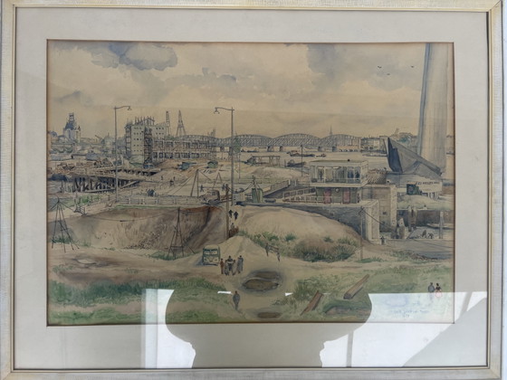 Image 1 of Watercolor Rotterdam Port/Maas Bridges - Chris Schut 1959