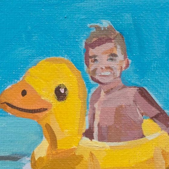 Image 1 of Day at the Seaside, Boy, Contemporary Impressionism in Miniature, 10x10cm; Sandra Kolondam