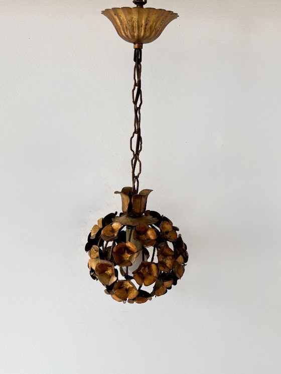 Image 1 of Vintage floral motif pendant light, gilt metal, France, 1970