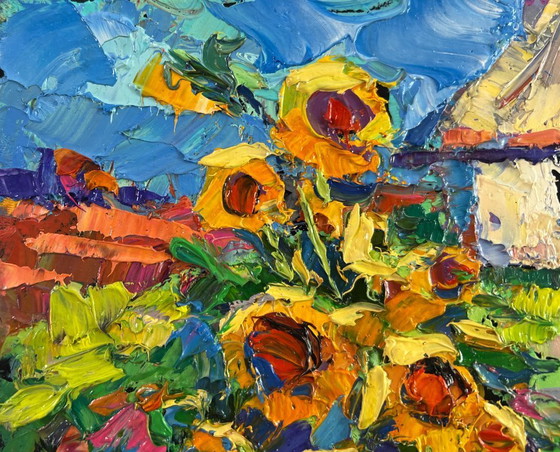 Image 1 of Original Oil Painting Summer Flowers Landscape The sun in every sunflower