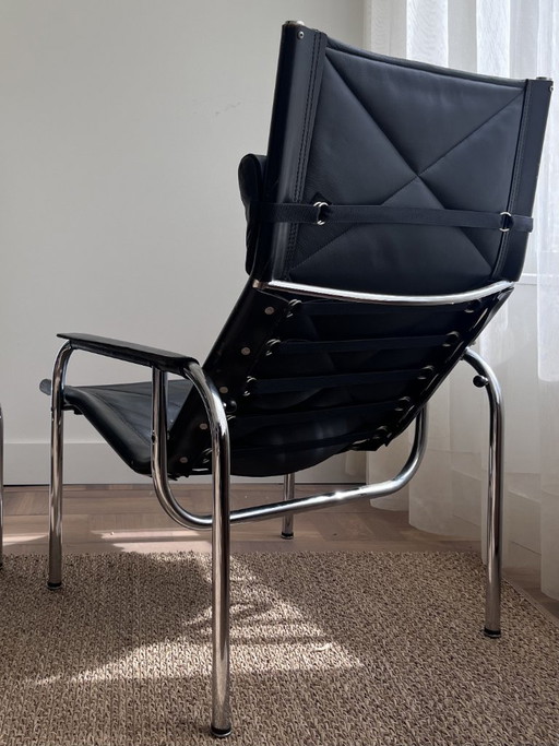 Sillón de diseño Strässle HE1106 | Hans Eichenberger | cromo de cuero negro