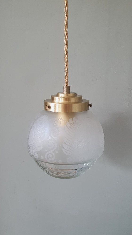 Vintage Bollamp / Hanglamp - Geslepen Glas (Ge-etst) Met Frosted Decoratie – Hanglampen, Metal (photo 6 of 15)