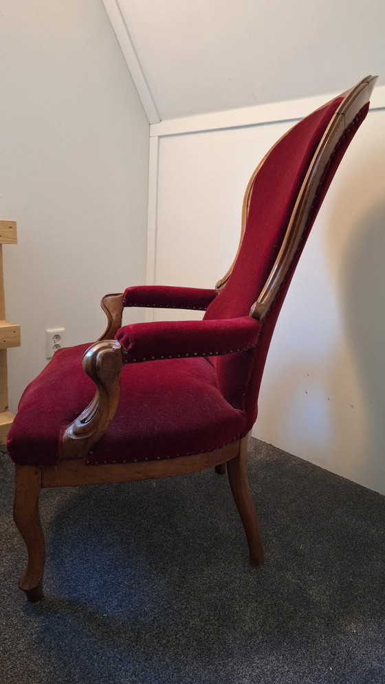 Image 1 of Antiek Biedemeier Fauteuil Bordeaux-Rood