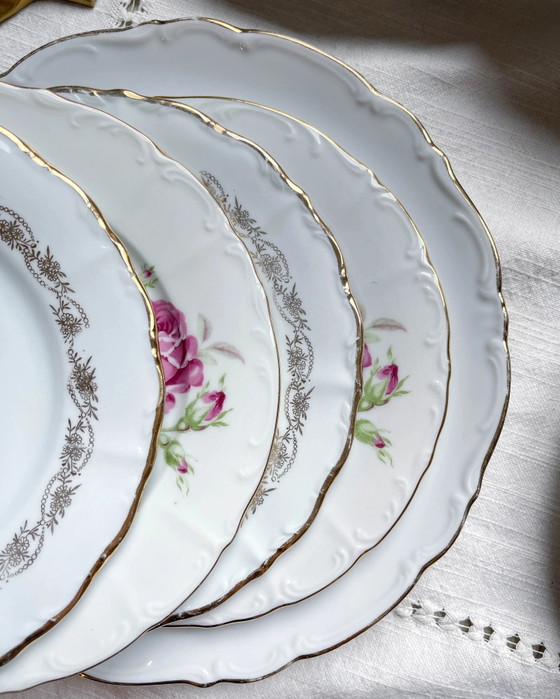 6 Vintage White Gilded Porcelain Plates + 6 Mismatched Floral Small Plates – Crockery (photo 2 of 17)