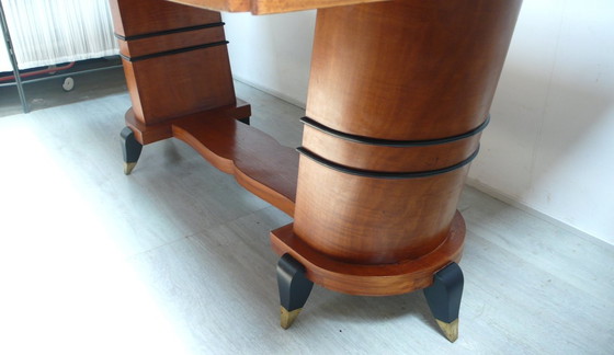 Image 1 of Grande table de salle à manger table de conférence Art Déco en placage de noyer + merisier, demi-colonnes inclinées, France vers