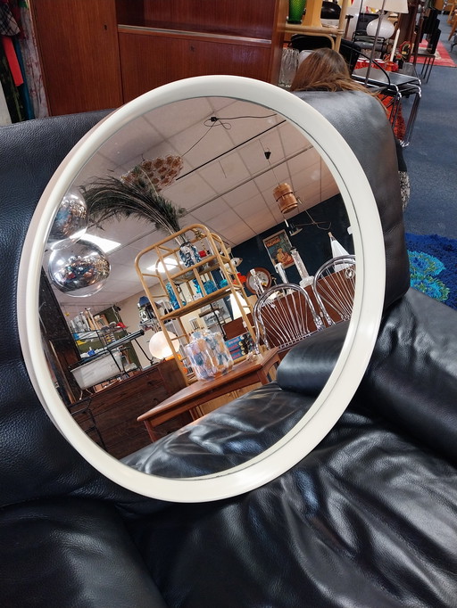 1 x large spaceage round mirror with off-white plastic edge 67cm diameter
