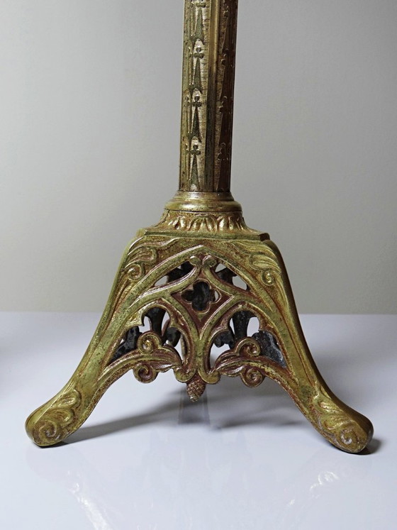 Image 1 of Large pair of antique gilt bronze candlesticks, 19th-century Gothic style