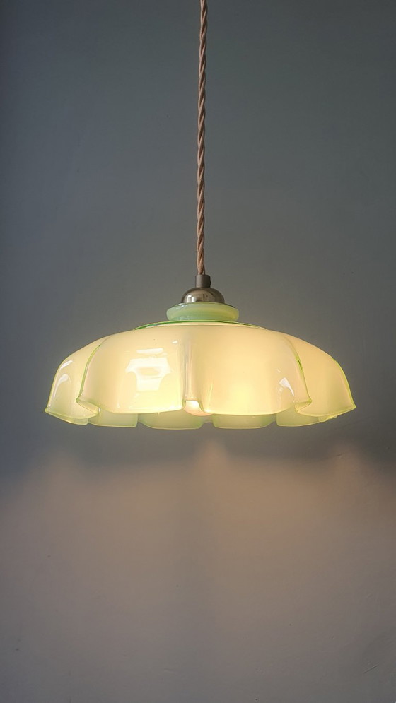 Vintage French Pendant Lamp - Pastel Green Opaline Glass. – Metal (photo 13 of 19)