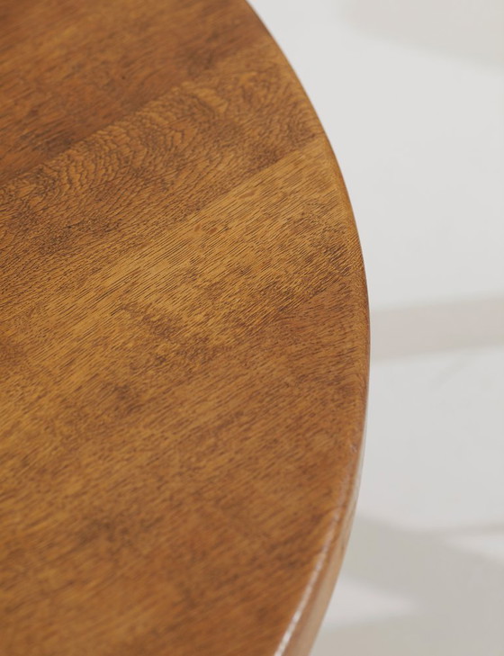 Image 1 of Vintage Brutalist round tripod coffee table in solid oak, circa 1960
