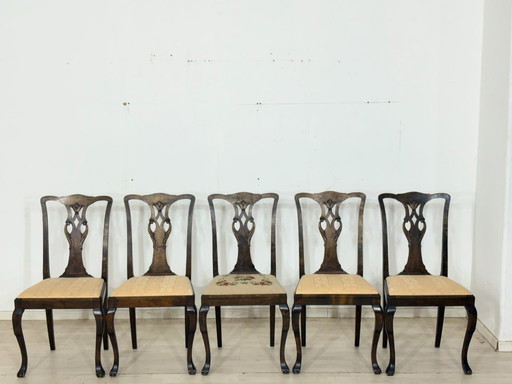 Set di 5 sedie Chippendale antiche / sedie da pranzo in pregiato mogano/noce, circa 1900