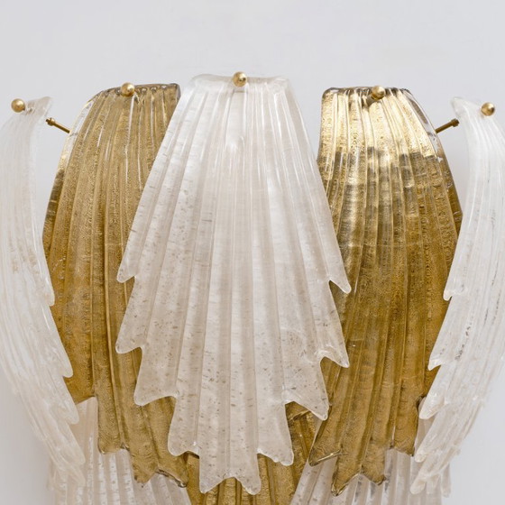 Image 1 of Italian Art Deco Style Murano Glass and Brass Leaf Wall Sconces, Pair