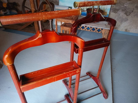 Image 1 of Pair of vintage wooden and leather valet stands
