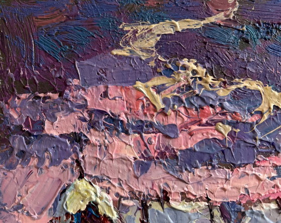 Image 1 of Original Oil Painting Evening Village Landscape Pink winter evening