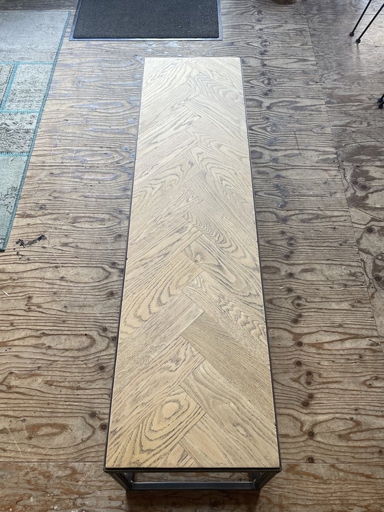 Image 1 of Set of 3 industrial oak herringbone coffee tables.