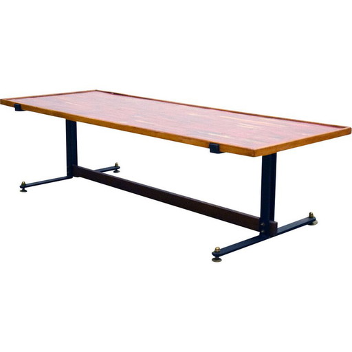 Mesa de centro vintage de madera y cobre esmaltado, Italia 1950