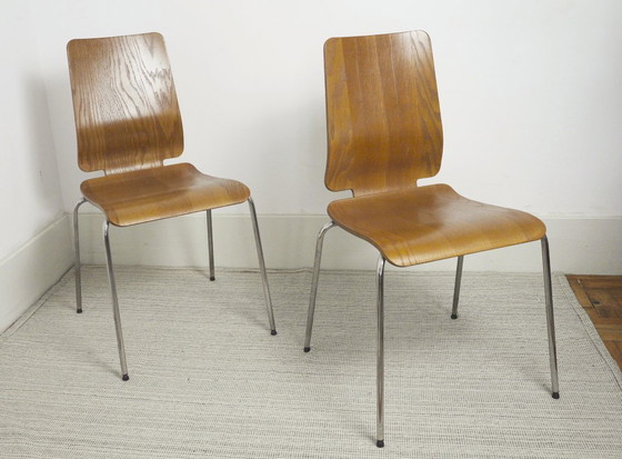 Image 1 of Chaises IKEA Gilbert en teck vintage, ensemble de 6 chaises de salle à manger empilables en contreplaqué de teck, style scandina