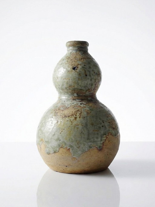 Kleine dubbelwandige Japanse keramische sakefles van Iga, vintage/oude collectie