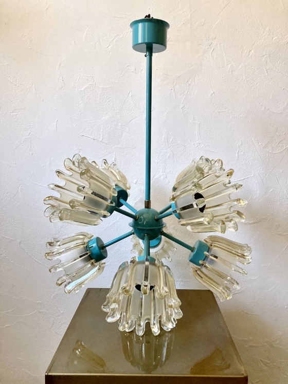 Image 1 of Large 9-light chandelier in molded glass and turquoise metal, Leclaire & Schäfer – 1960s