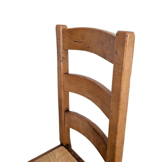 Image 1 of Ensemble de 4 chaises en chêne, style campagne française, années 1950, tressage en jonc
