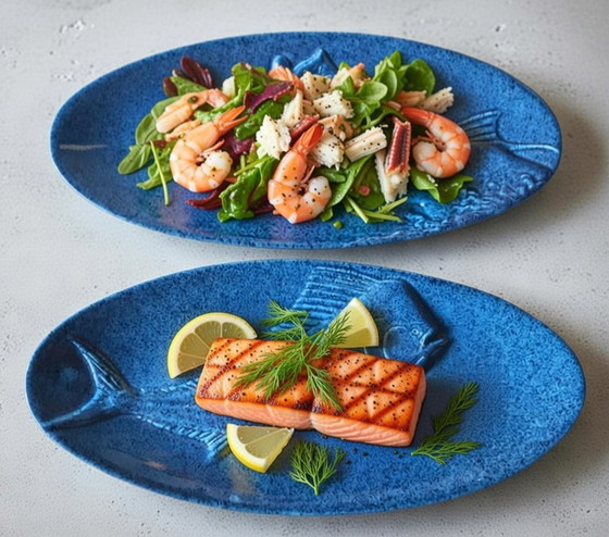 Image 1 of (W029) Rare Vintage Ross Art Fish Bowl Set – 2 Blue Ceramic Serving Dishes 48cm