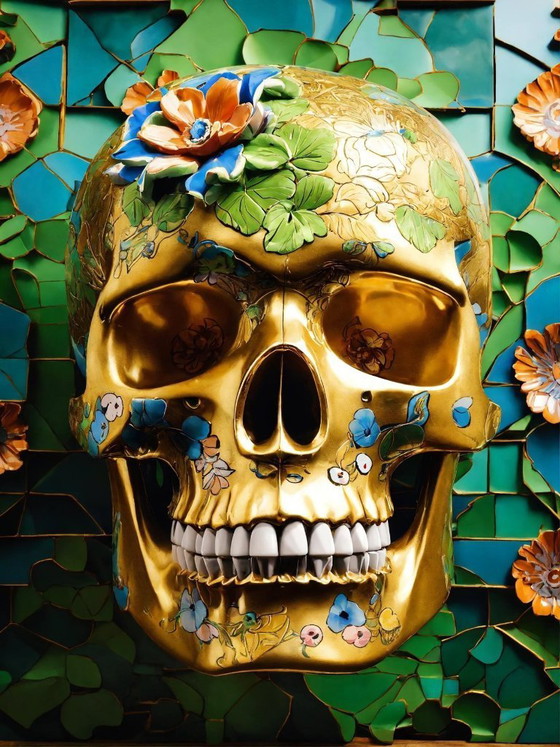 Image 1 of CABEZA MUERTA - Calavera de flores verdes y doradas - Impresión giclée sobre placa de aluminio