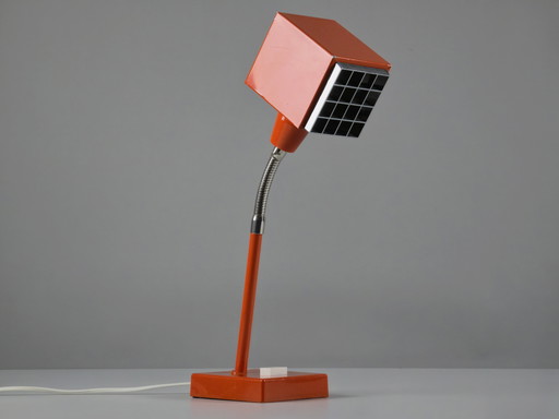 1970s Vintage ELIDUS 'Kuben' Type 2203 Table Lamp by Björn Svensson – Orange Scandinavian Modern Gooseneck Desk Lamp.