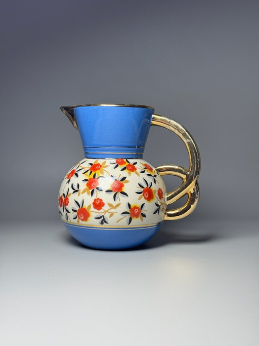 Boch Frères Keramis – Raymond Chevallier – Art Deco Kan – Kobaltblauw & Sculpturale Vergulde Handgreep – België, jaren 30