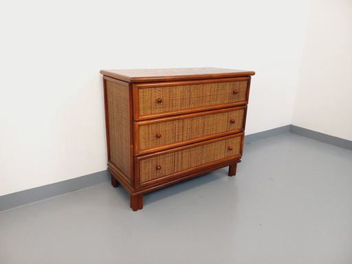 Vintage 70's Wood and Rattan Chest of Drawers