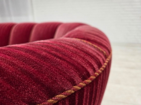 Image 1 of 1960s, Danish 2-seater "Banana" sofa, red furniture velour, oak wood.