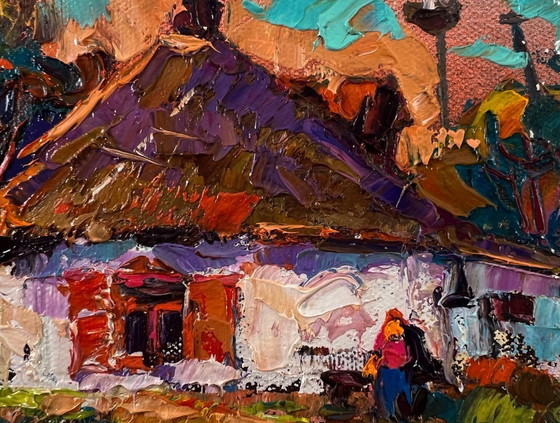Original Oil Painting Sunset Village Landscape Evening in the Yard – Paintings & Drawings, Canvas (photo 4 of 8)