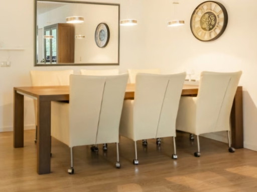 Tafel 260 x 100 met 6 ruime leder stoelen met rubber wielen
