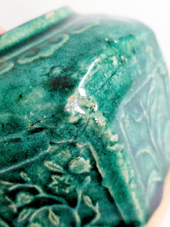 Image 1 of Pot à gingembre Shiwan chinois vintage, récipient hexagonal en faïence émaillée verte, pièce de collection